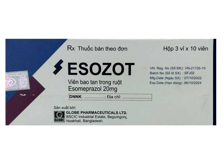 Thuốc esozot - Viên bao tan trong ruột Esomeprazol 20mg.