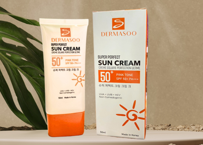 Kem chống nắng Dermasoo Super Perfect Sun Cream Pink Tone SPF50 PA+++ giúp che khuyết điểm, bảo vệ da khỏi tác hại tia UV, ngăn ngừa lão hóa (50ml)