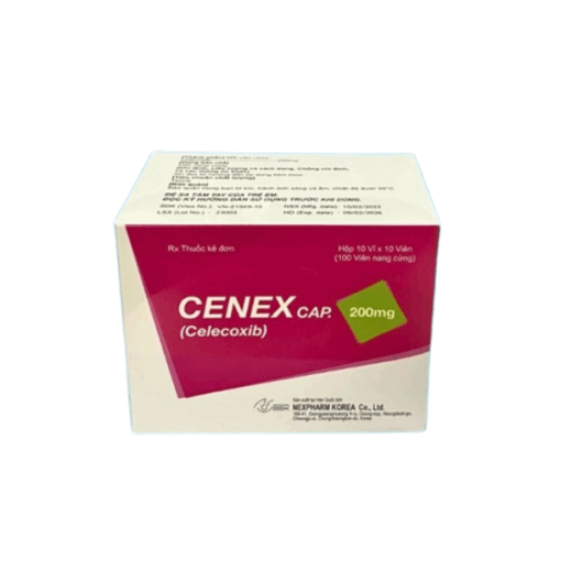 Thuốc Cenex Cap. 200mg được dùng để điều trị thoái hóa khớp, viêm khớp dạng thấp, viêm cột sống dính khớp,…(Hộp 10 vỉ x 10 viên)