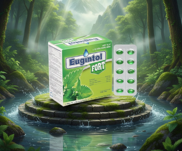 Thuốc Eugintol Fort điều trị các chứng ho do đau họng, sổ mũi, cảm cúm (Hộp 10 vỉ x 10 viên)