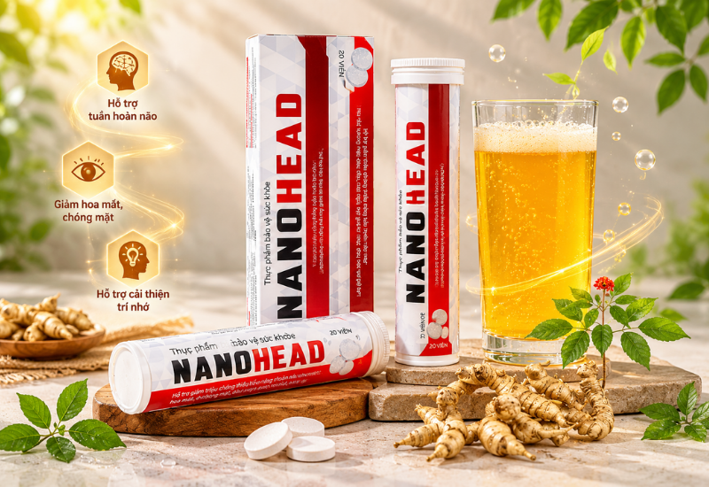 Viên uống sủi tiền đình Nano Head Trường Thọ giúp tăng cường tuần hoàn máu não và giảm các triệu chứng của hội chứng rối loạn tiền đình (Hộp 1 tuýp 20 viên)