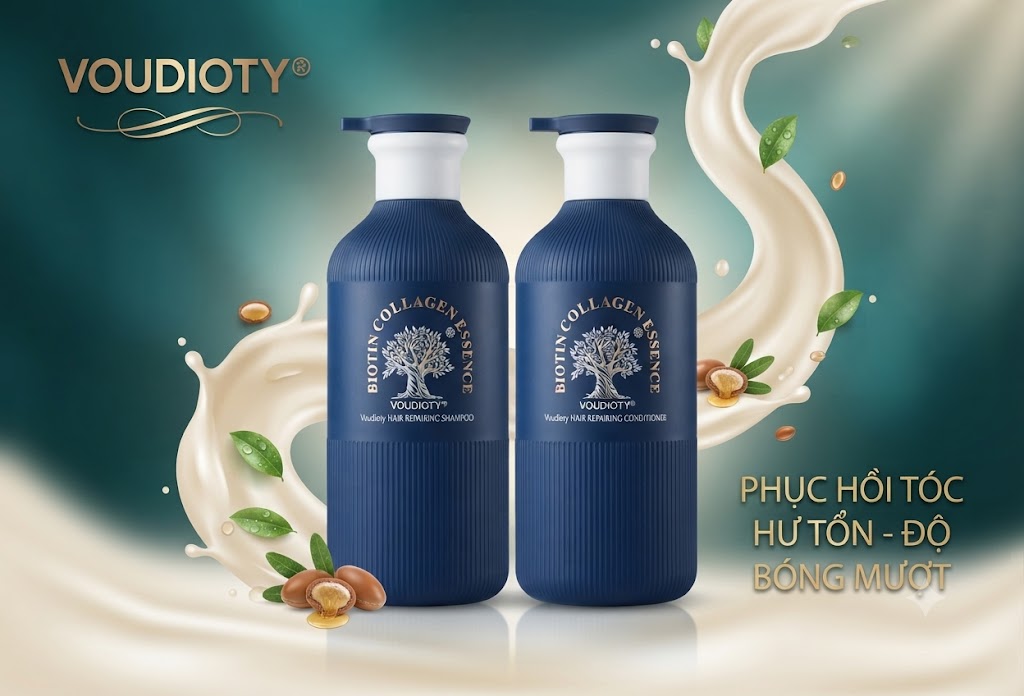 Bộ dầu gội xả Biotin Collagen Essence Voudioty hương nước hoa màu xanh giảm rụng tóc, phục hồi tóc chắc khỏe bóng mượt 500ml/chai