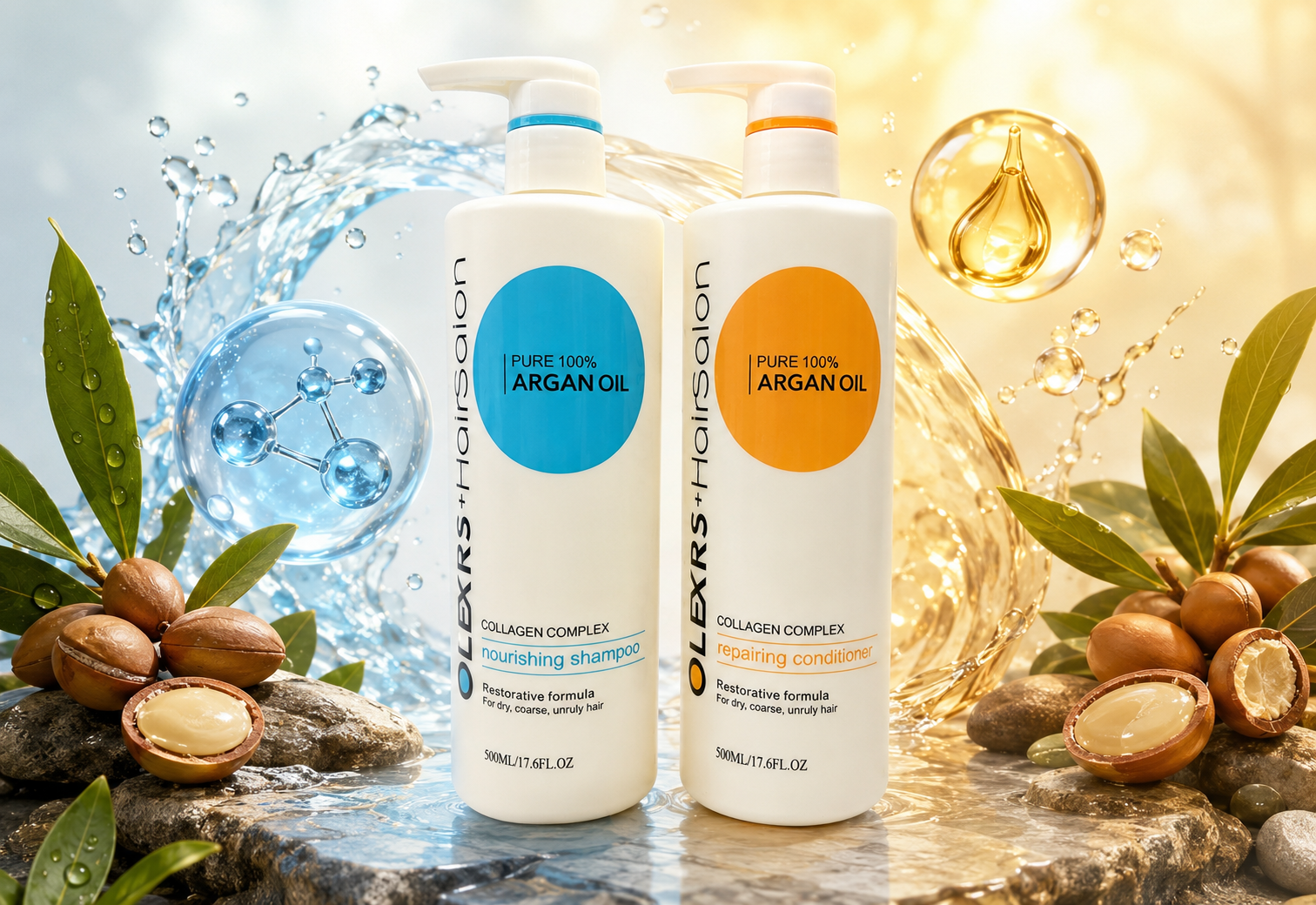 Bộ gội xả Hair Salon Argan Oil Collagen Complex Olexrs dưỡng tóc mềm mượt, kích thích mọc tóc và ngăn ngừa gãy rụng 500ml 