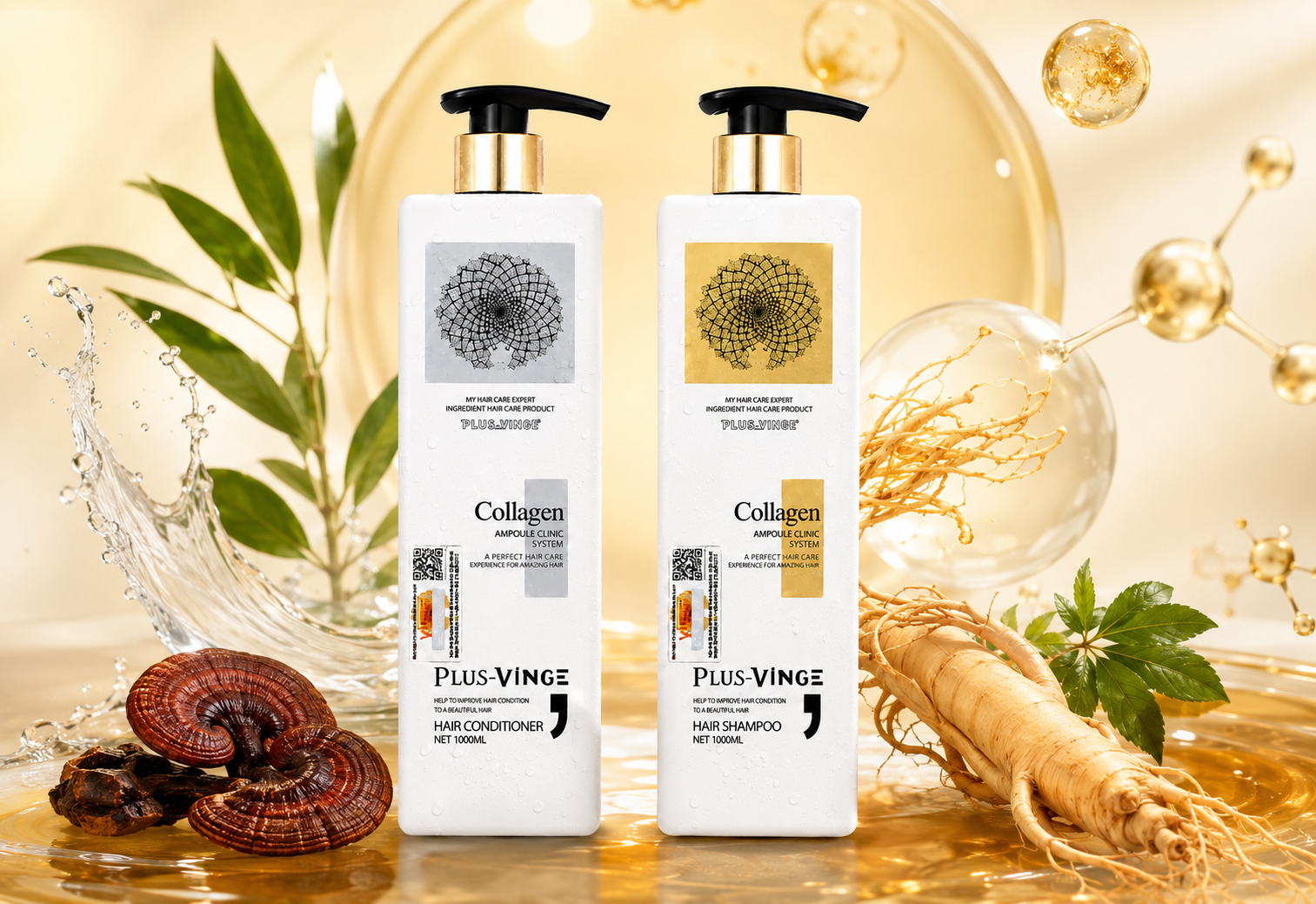 Combo dầu gội và dầu xả Collagen Absolute Hair Appeal Plus Vinge kích thích mọc tóc, khắc phục tình trạng gãy ngọn, xơ yếu 500ml + 500ml
