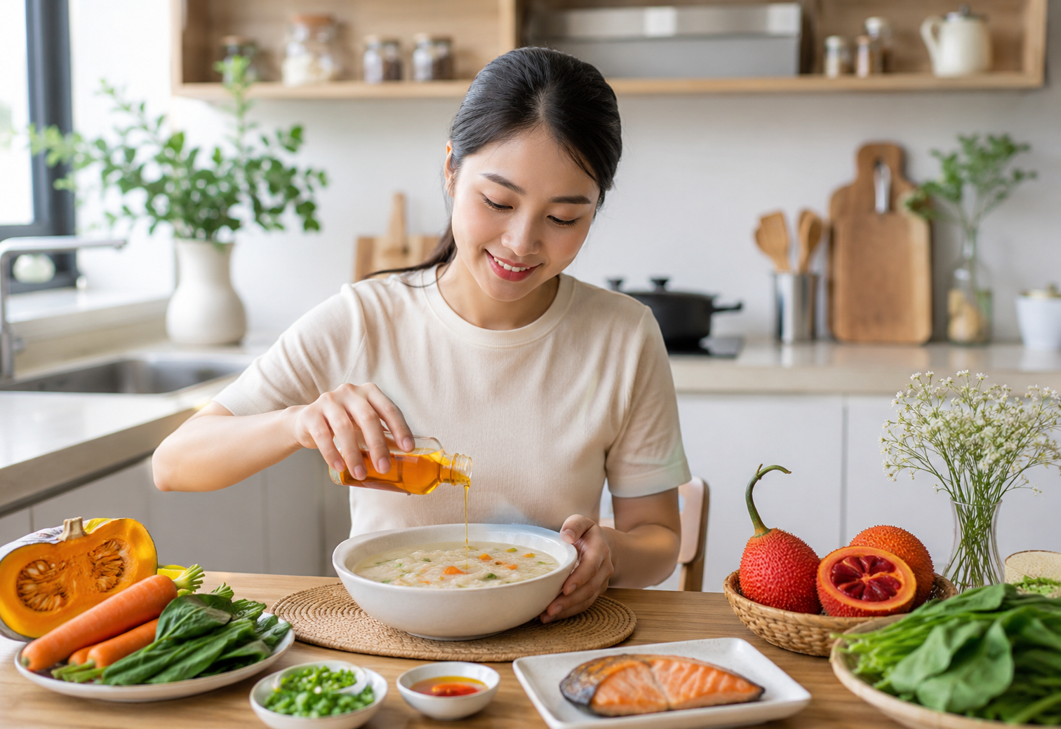 Cách dùng dầu gấc trong bữa ăn để bổ sung dưỡng chất cho mắt