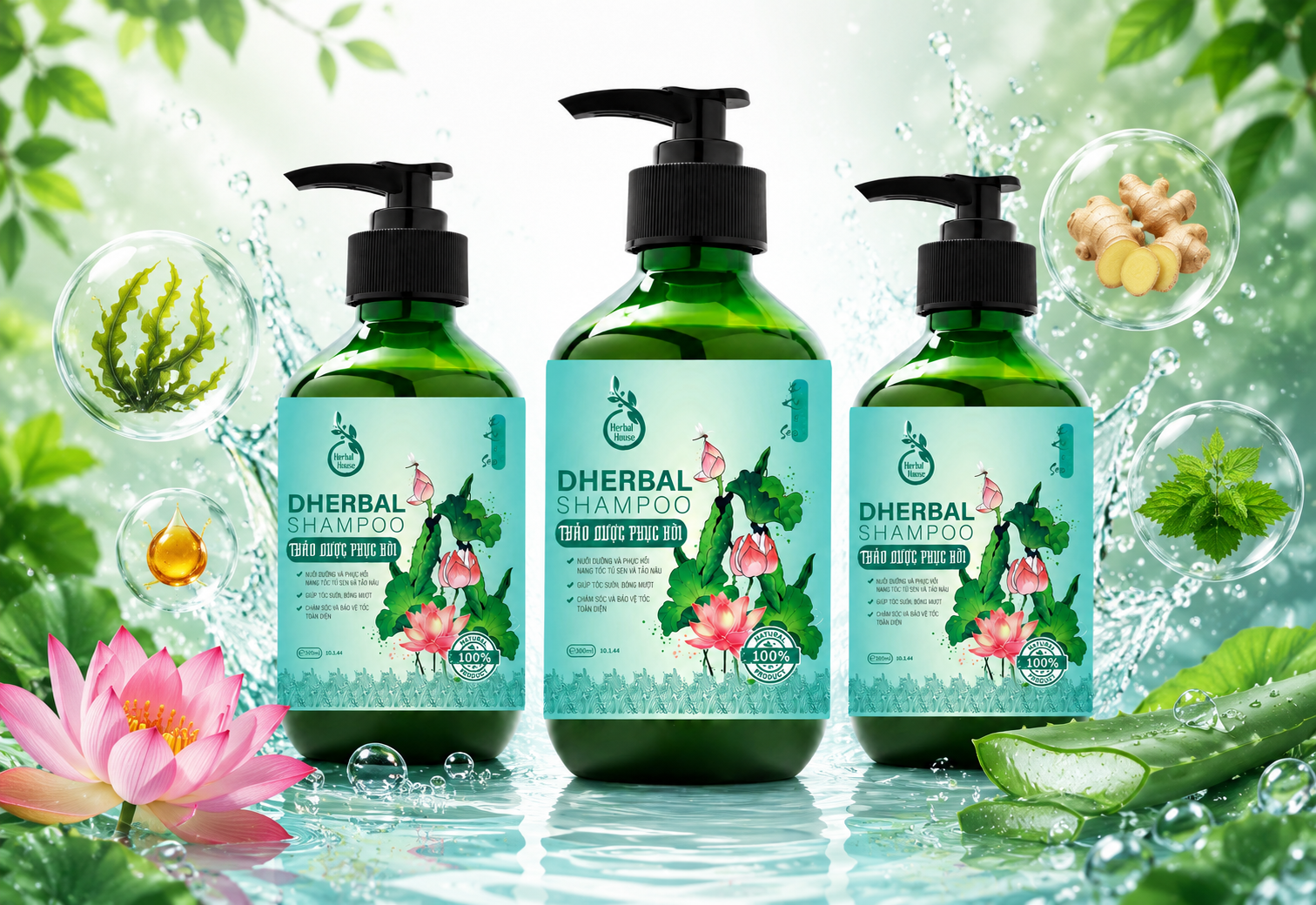 Dầu gội thảo dược Dherbal phục hồi tóc hư tổn, giảm gãy rụng và kích thích mọc tóc 300ml