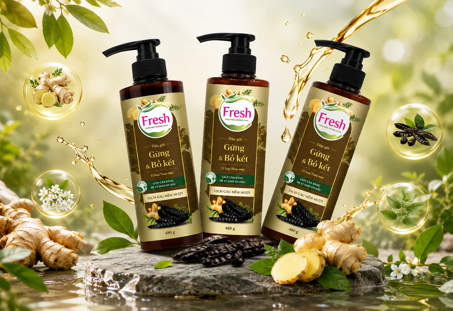 Dầu gội thảo mộc dưỡng sinh Fresh giúp tóc sạch gàu mềm mượt, chắc khỏe bồng bềnh chai 480ml