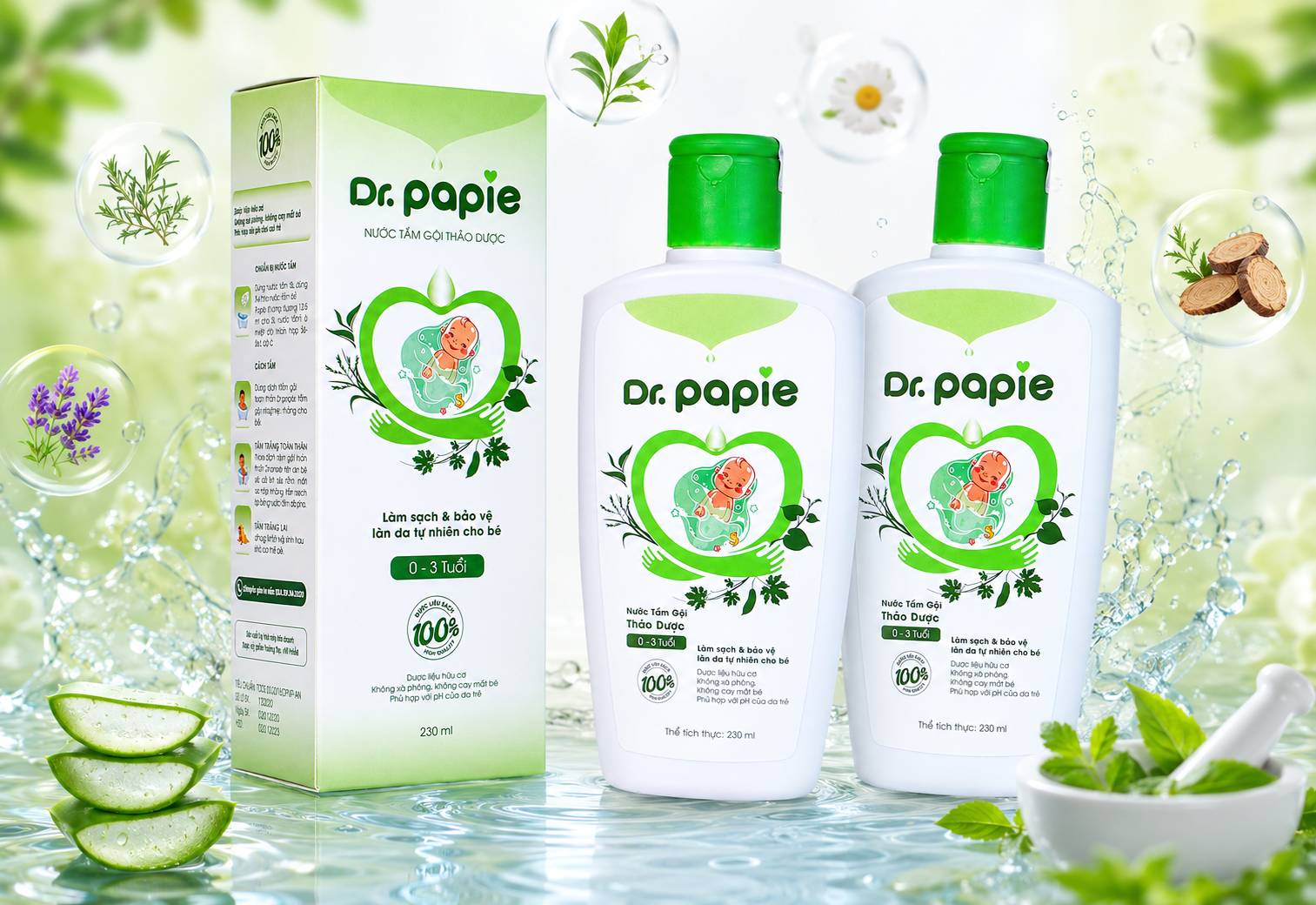 Nước tắm gội thảo dược Dr.Papie phòng ngừa rôm sảy, mẩn ngứa toàn diện cho bé chai 230ml