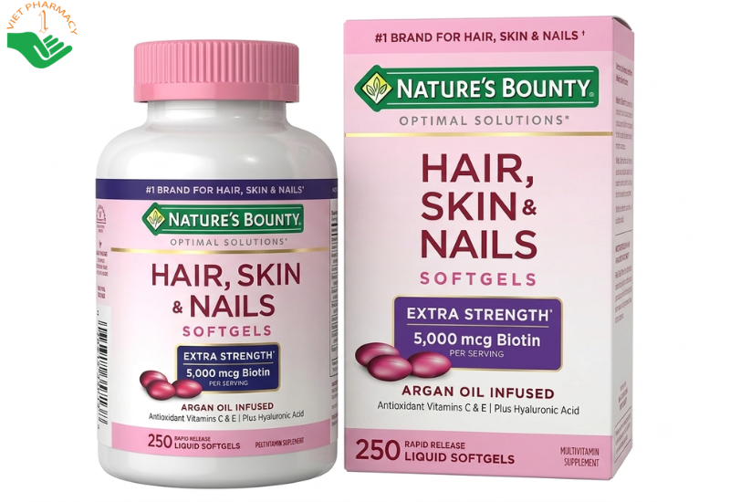 Viên uống mọc tóc Hair, Skin & Nails Nature's Bounty ngăn ngừa gãy rụng, kích thích mọc tóc nhanh và bóng khỏe.