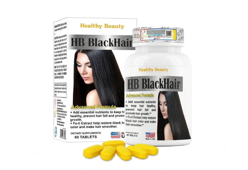 Viên uống mọc tóc Healthy Beauty HB BlackHair chống bạc tóc, hỗ trợ duy trì tóc chắc khỏe, giảm rụng tóc.