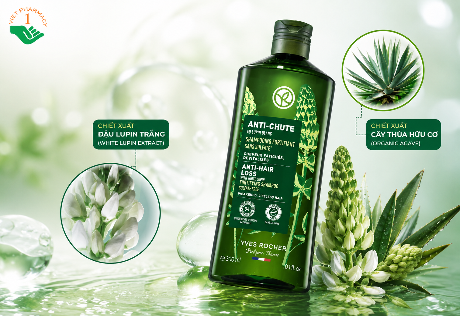 Dầu gội Anti-Hair Loss With White Lupin Fortifying Shampoo Sulfate Free Yves Rocher giảm tóc gãy rụng và giúp tóc chắc khoẻ từ gốc đến ngọn (Chai 300ml)