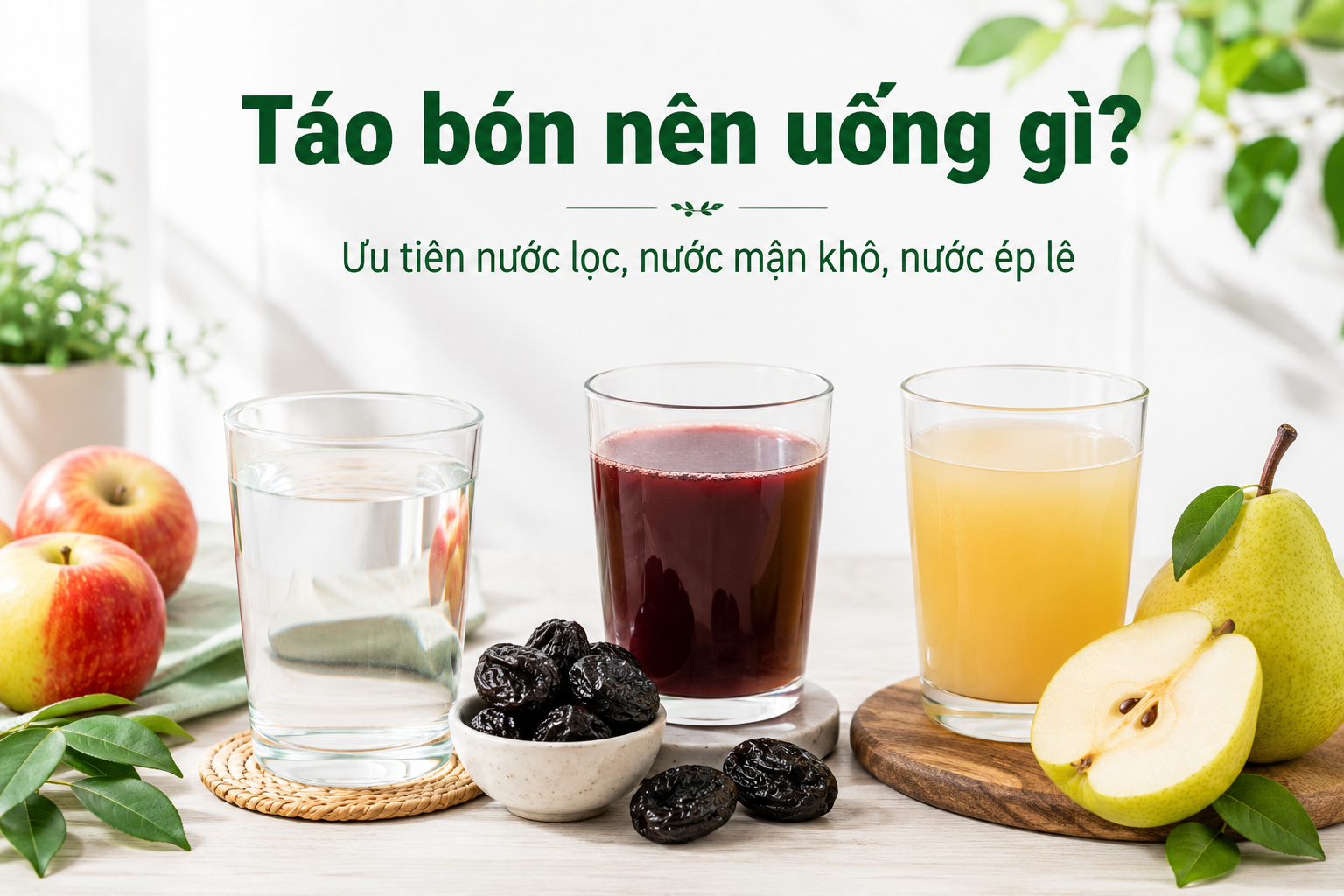 Nước lọc, nước mận khô và nước ép lê hỗ trợ cải thiện táo bón