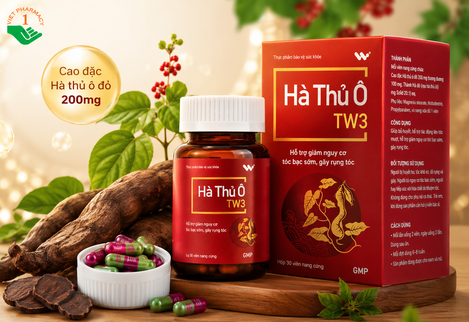 Hà Thủ Ô TW3 hỗ trợ giảm nguy cơ tóc bạc sớm, gãy rụng tóc (Hộp 30 Viên)