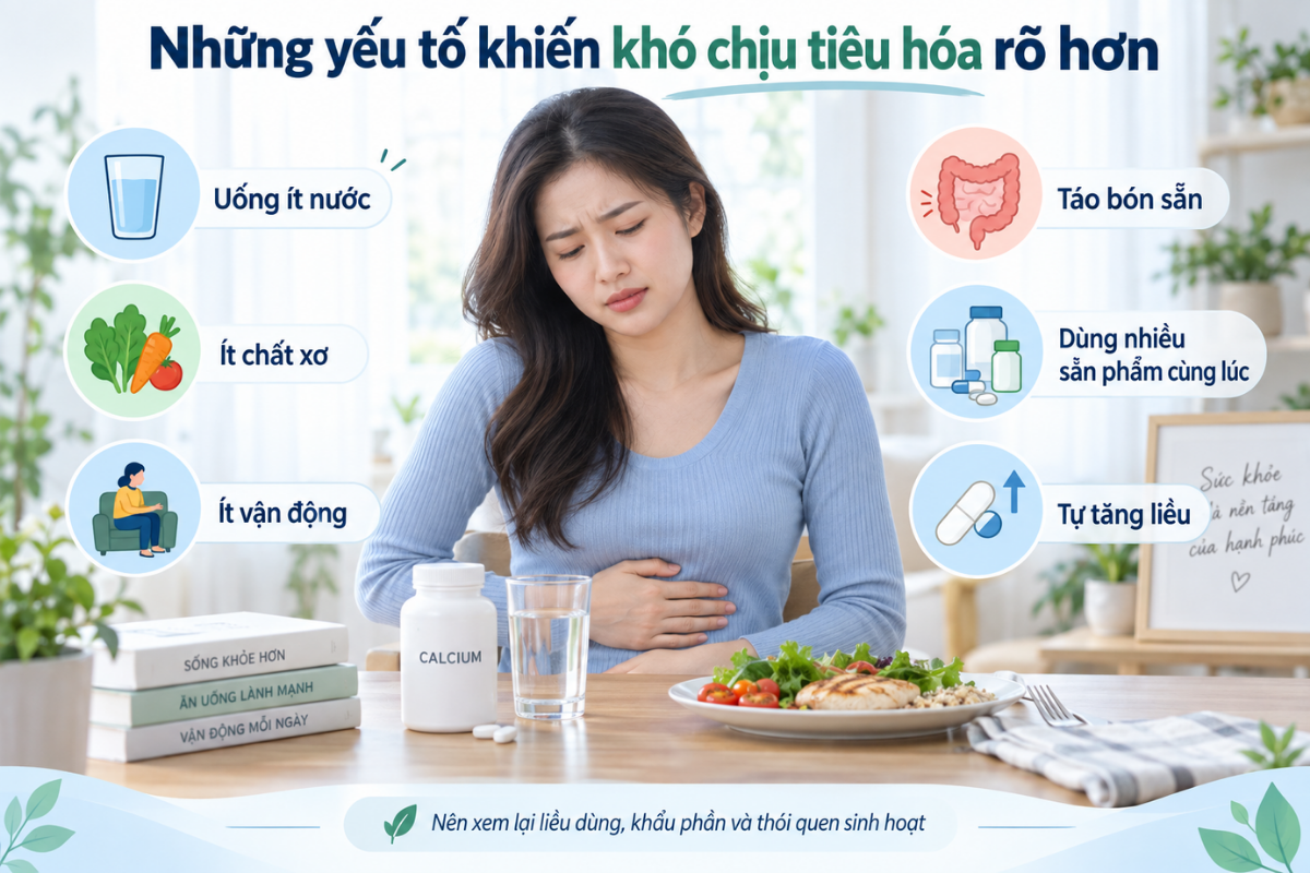 Một số thói quen và cách sử dụng có thể làm khó chịu tiêu hóa rõ hơn khi dùng canxi